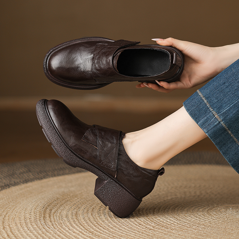 头层羊皮5cm增高厚底魔术贴休闲圆头乐福鞋超舒适四季深口单鞋女