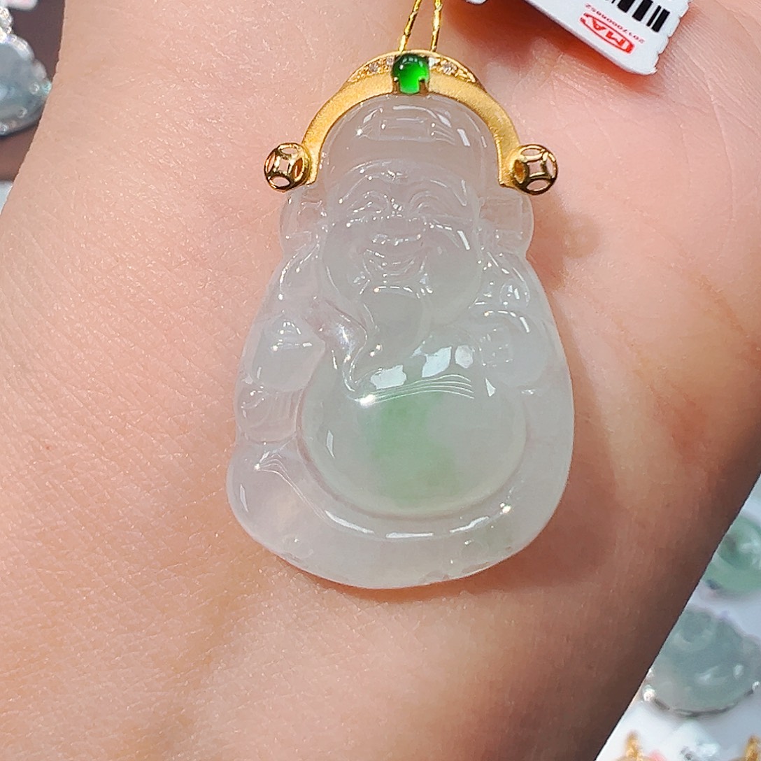 翡翠18K金镶嵌吊坠(不含链)财神爷