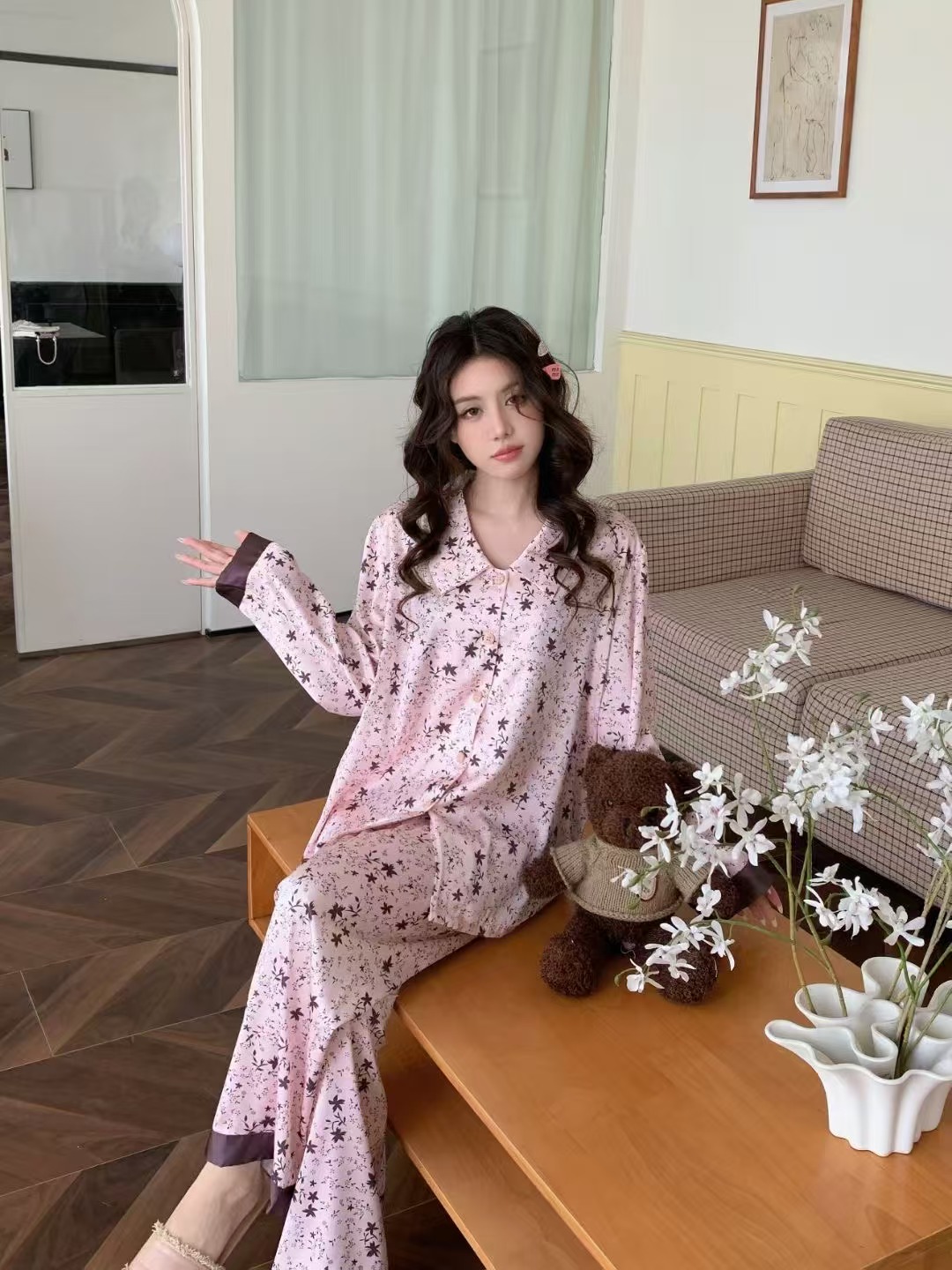 睡衣碎花长袖春夏薄款韩版甜美软丝春秋夏季舒适粉色女士家居服