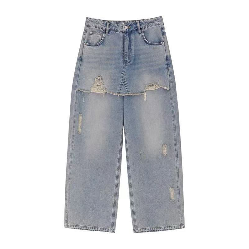 AVVENN 2025夏屁帘不规则磨破直筒宽松牛仔长裤