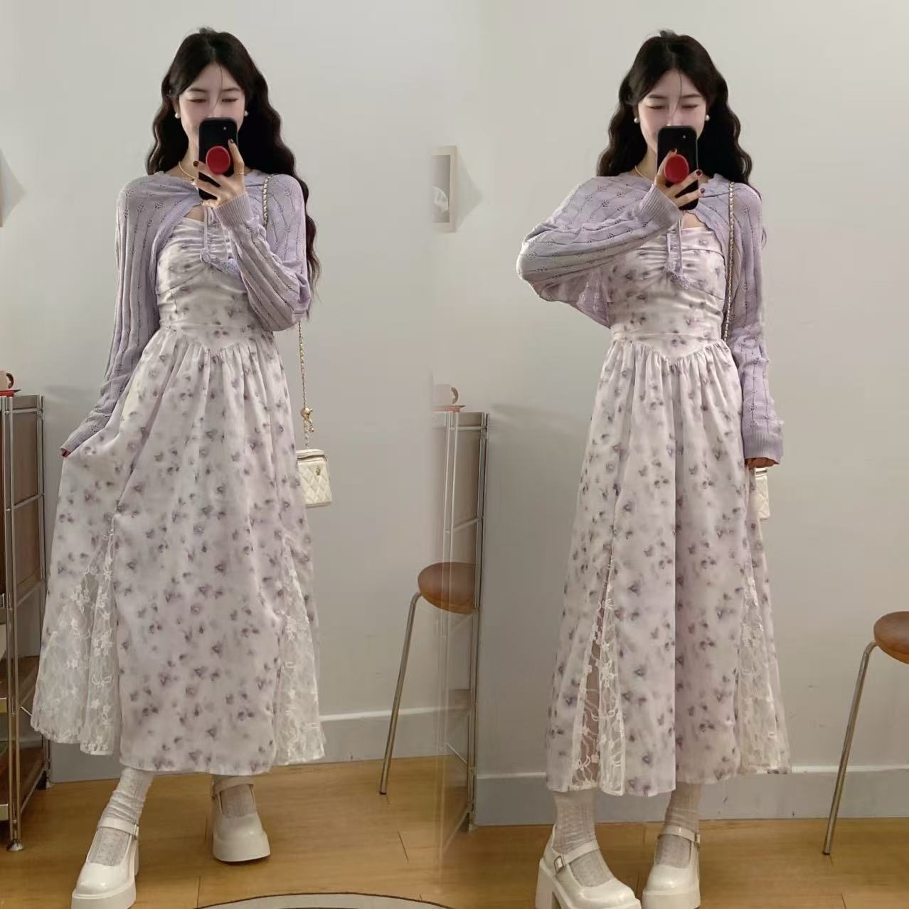 大码胖mm紫色开衫碎花纯欲风开叉蕾丝裙收腰显瘦气质吊带连衣裙仙