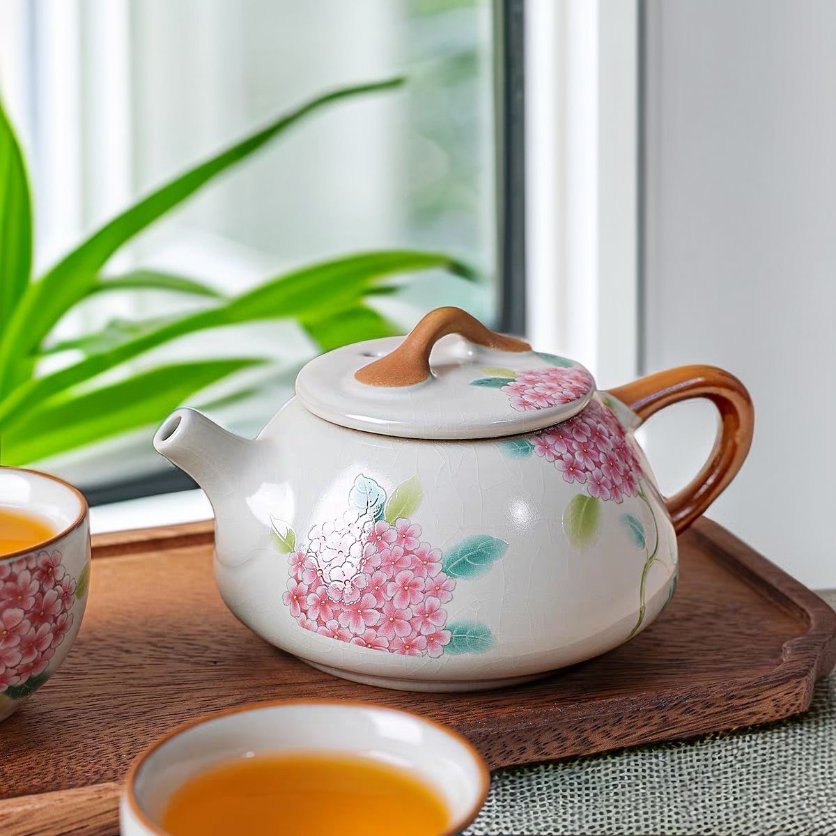 新式汝窑绣球花1壶2杯陶瓷家用品茗茶杯茶壶