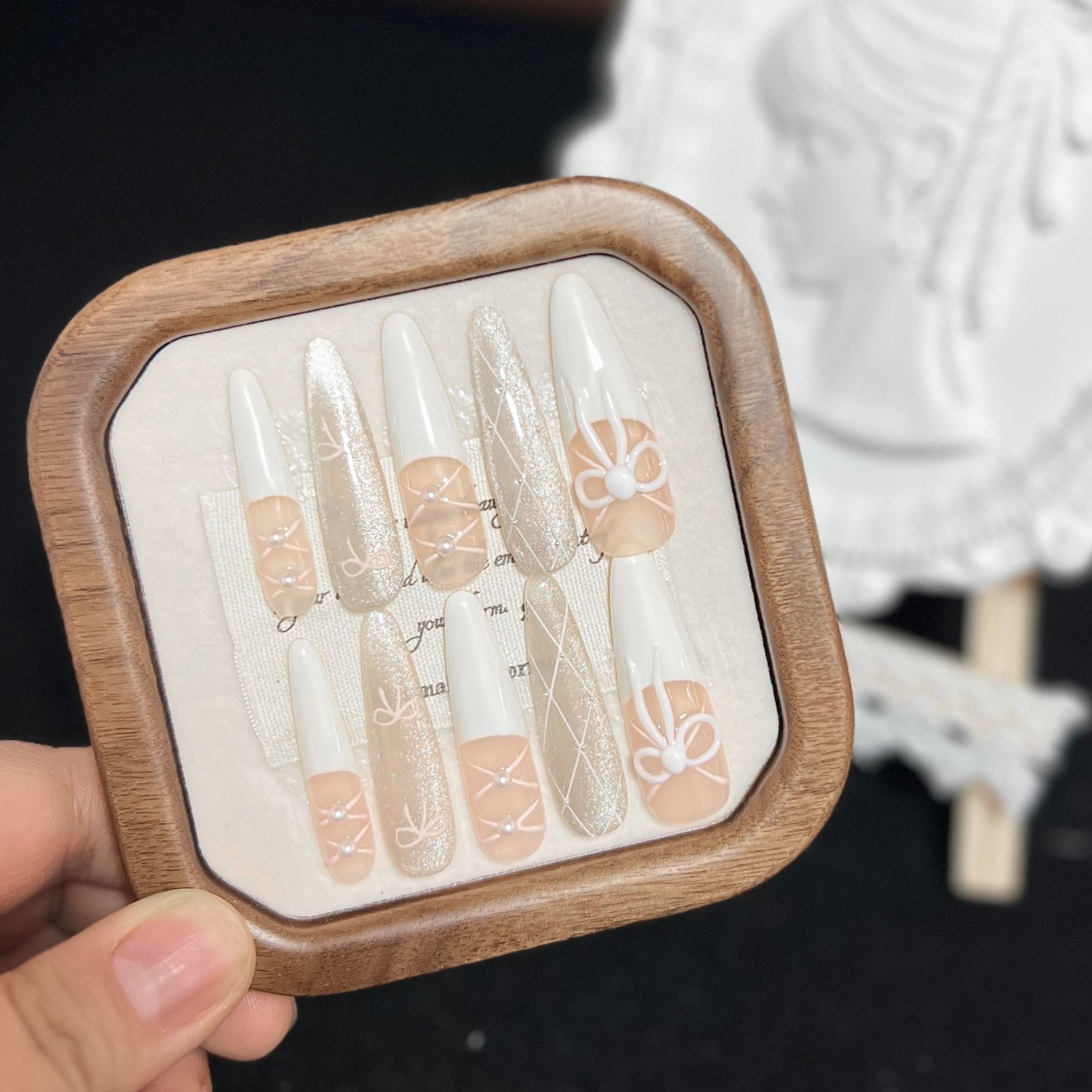 【纯白花嫁】芭蕾公主白色法式猫眼纯手工穿戴甲