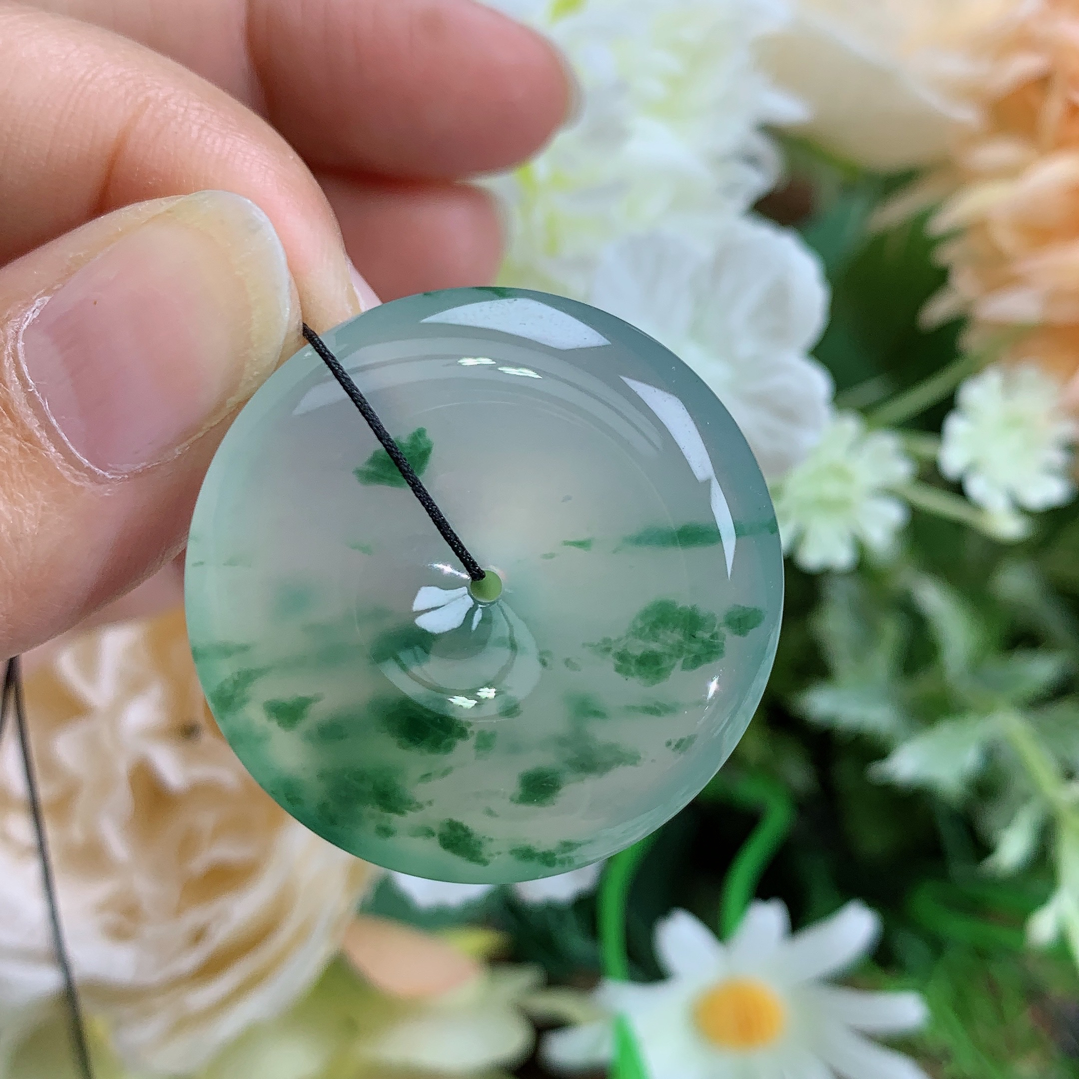 缅甸天然翡翠A货高冰起钢飘绿花平安扣吊坠龙尺寸30.9/6.1mm