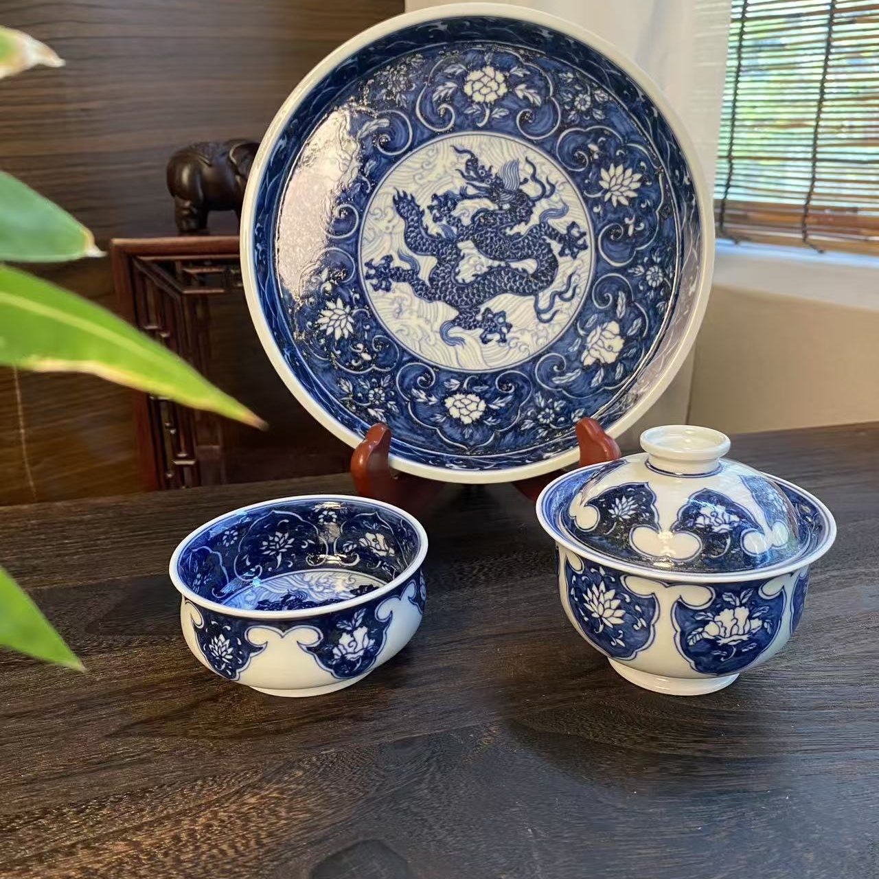 【四悦茶陶】青花如意海水龙纹 景德镇茶具手工手绘