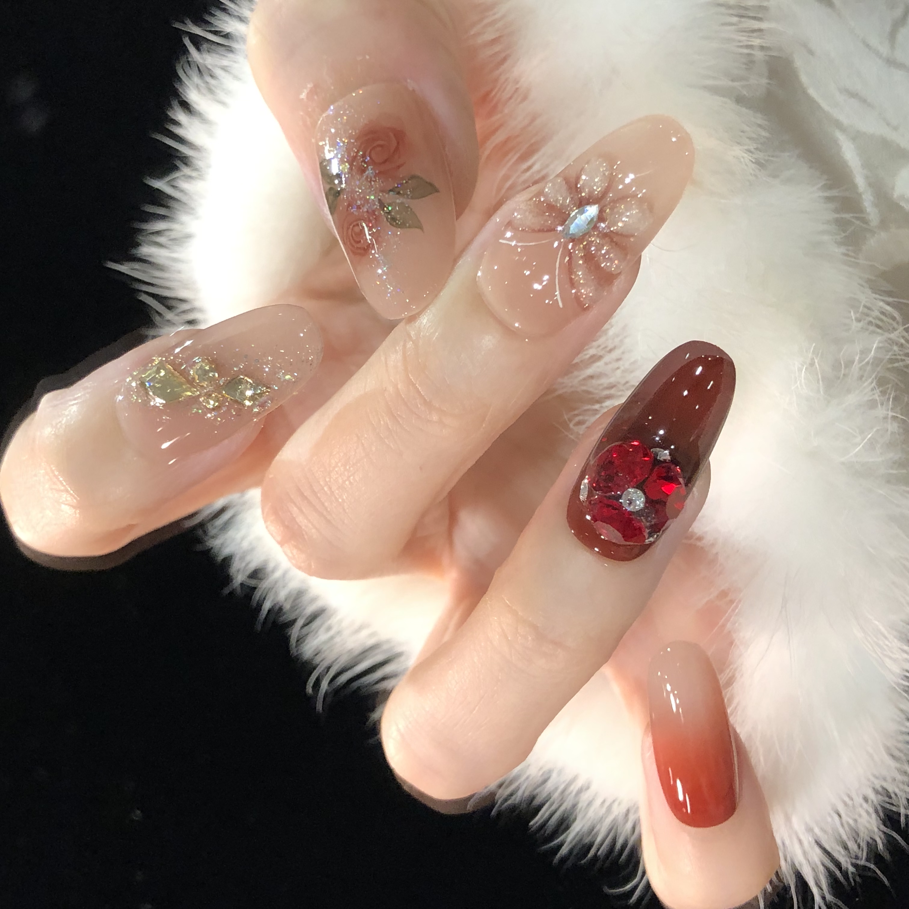 喵公子【绯花烬】【水彩雕花施家华子钻】纯手工穿戴甲可拆卸美甲