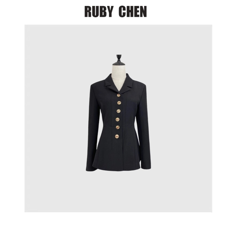 ruby~黑色肌理感单排扣修身西装外套女
