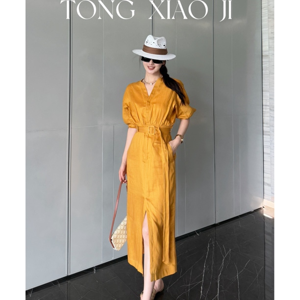 【亚麻秘境】 夏季休闲极简风设计师女装高腰修身连衣裙