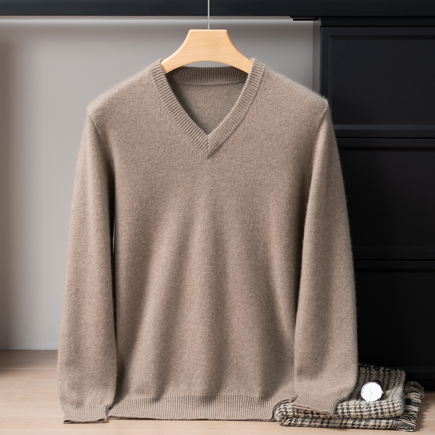 七针双股厚款针织毛衣100%羊绒套衫V领百搭冬季厚男士简约打底衫