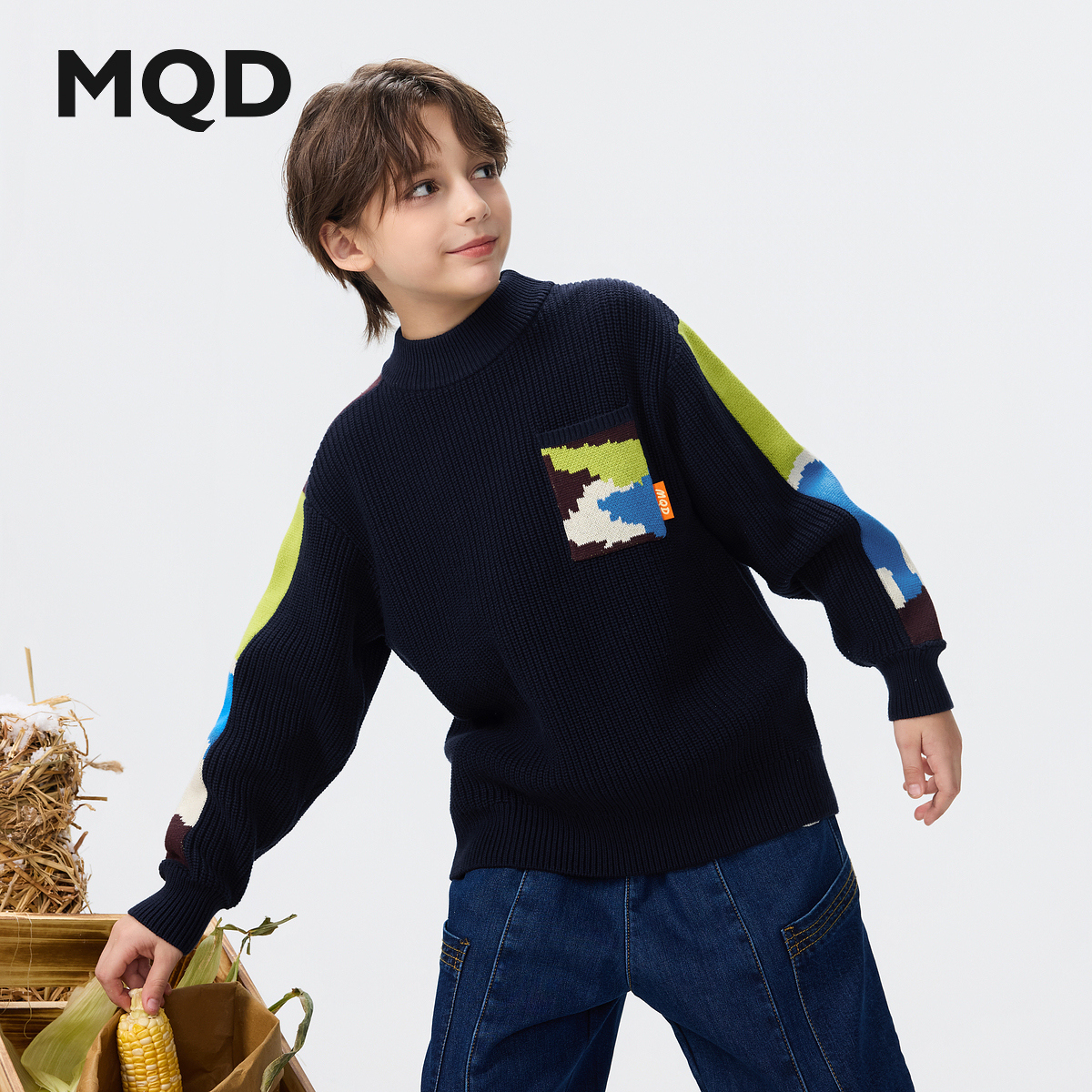 MQD男童25冬新款艺术系列亲肤保暖半高领针织衫儿童毛衣9654W0731