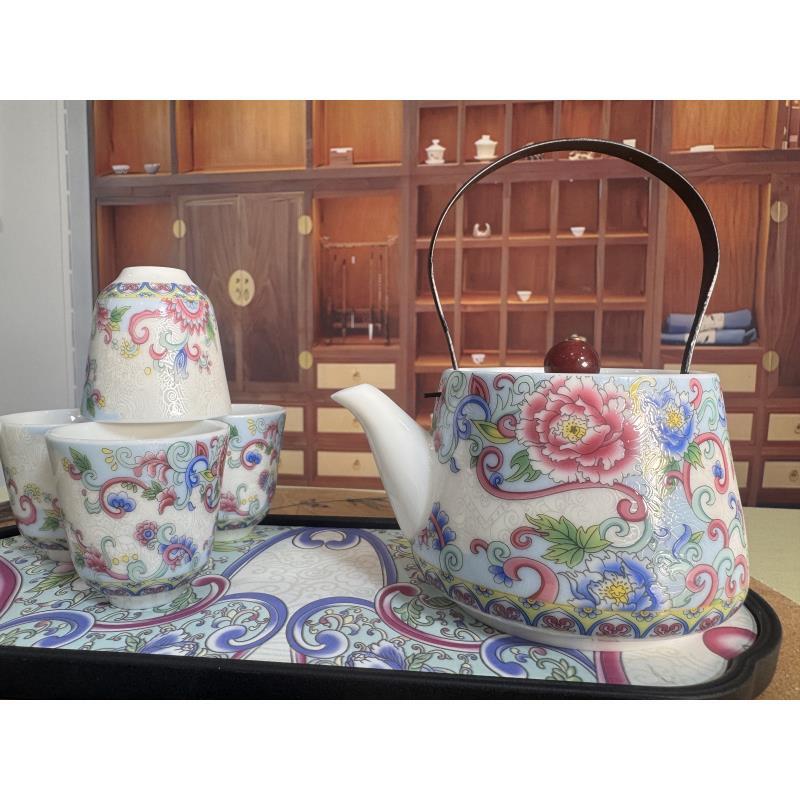 白瓷牵牛花提梁茶具一壶4杯带茶盘2216