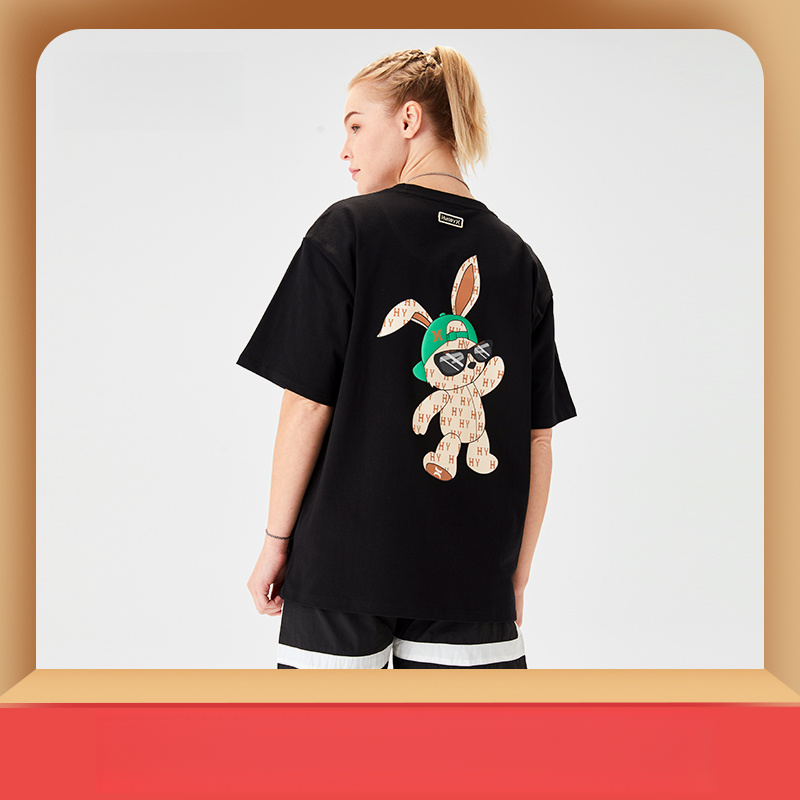 兔子印花定制休闲T恤宽松纯棉圆领情侣短袖
