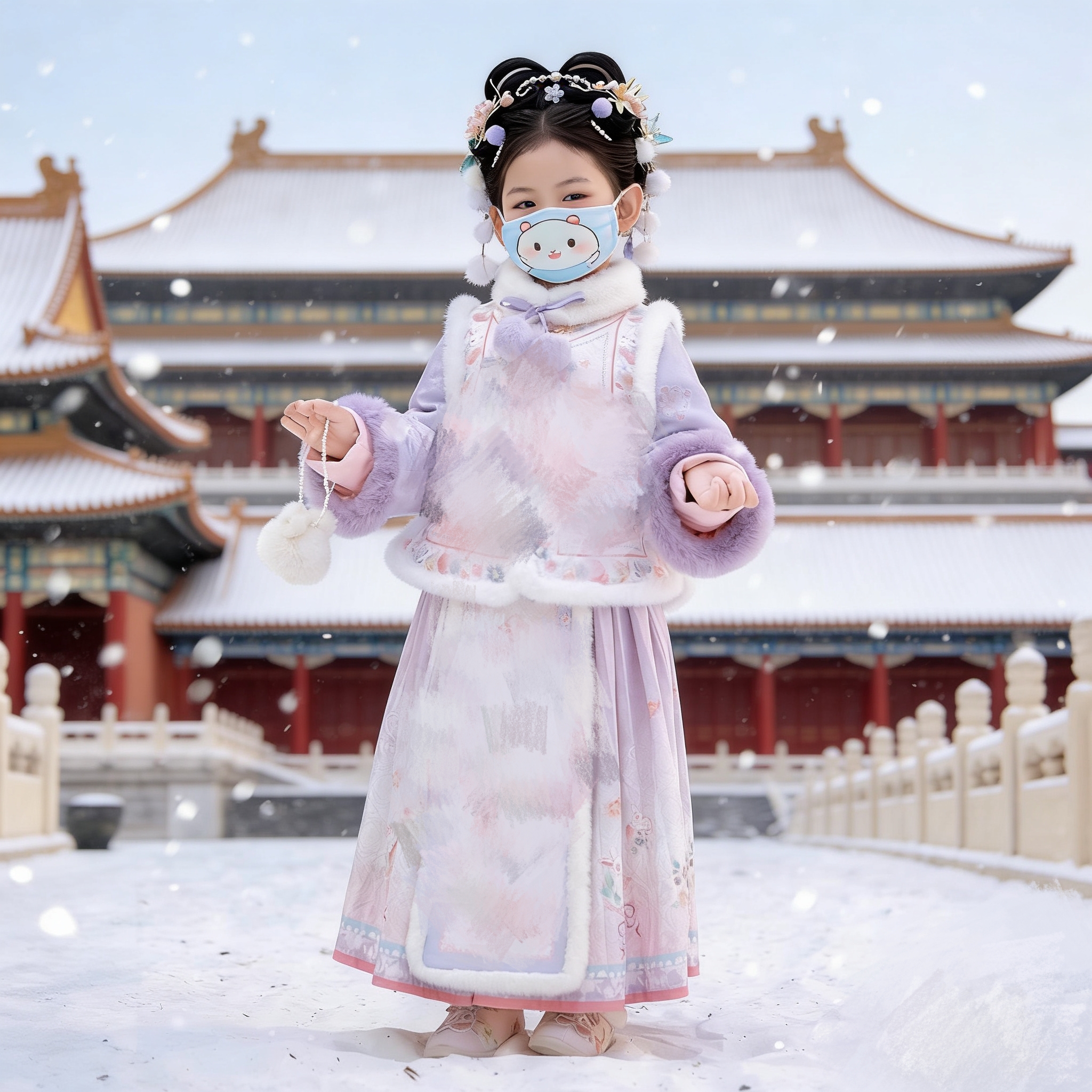紫兔桃桃女童汉服冬季加绒裤子唐装2025新款新中式儿童套装冬加厚