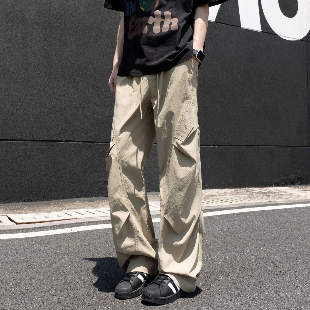 美式复古薄款弯刀休闲裤男士痞帅炸街设计感宽松休闲直筒阔腿裤子