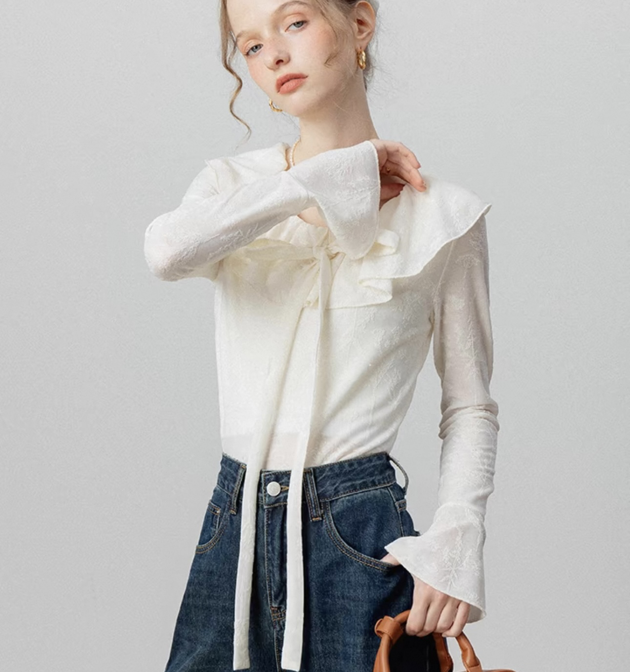 鸡蛋家极简风荷叶边长袖针织衫女修身显瘦上衣