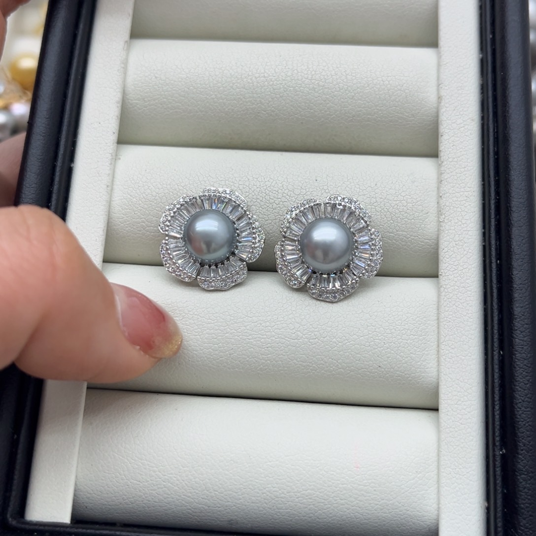 海水珍珠银S925镶嵌耳饰