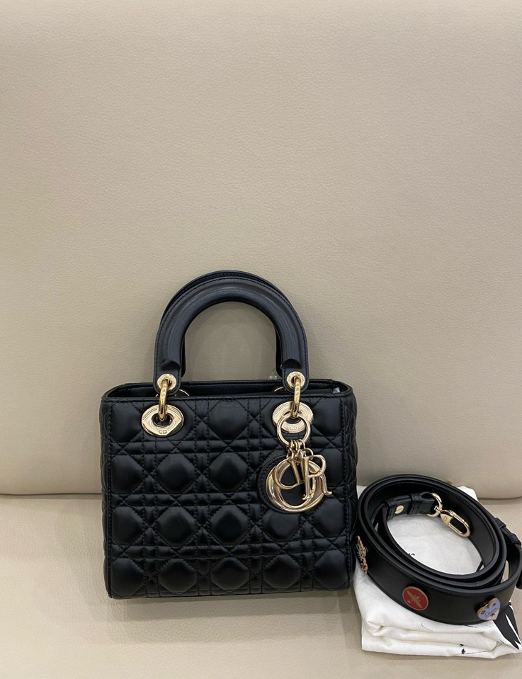 99新 DIOR/迪奥 Dior迪奥 四格戴妃包 黑金羊皮 