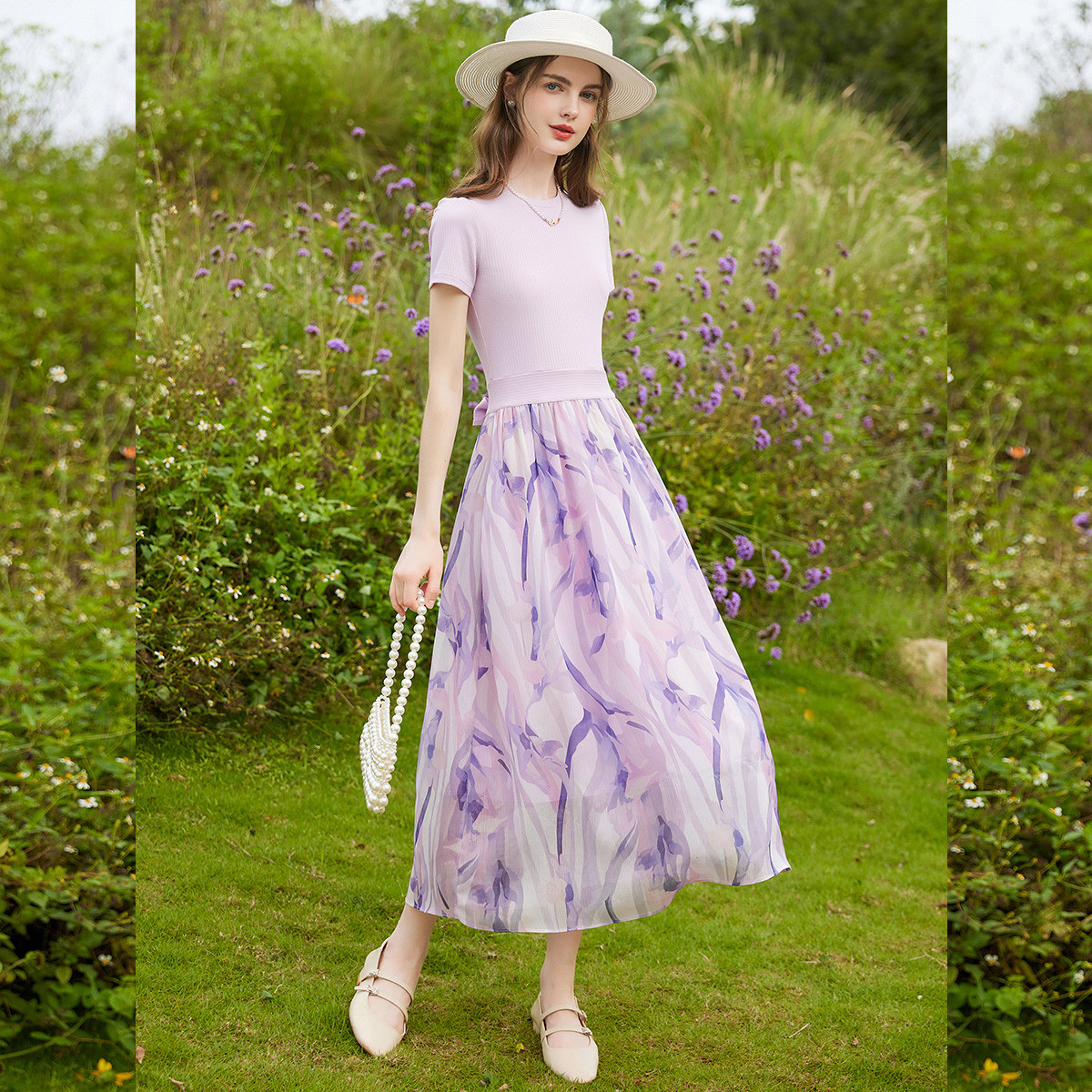 【黄蓉推荐】&白鹿语气质时尚拼接正肩循环印花女式连衣裙YU20626