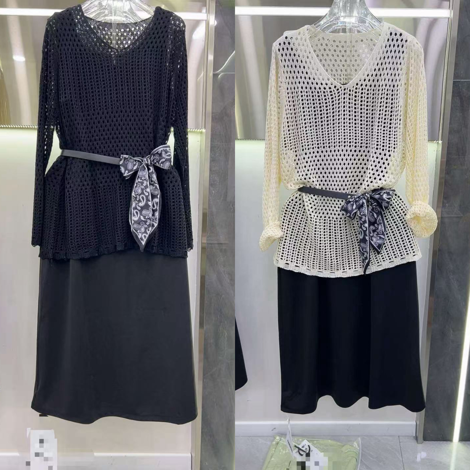 【晴儿家】早秋新款镂空针织罩衫+显瘦纯色连衣裙两件套（赠腰带）376