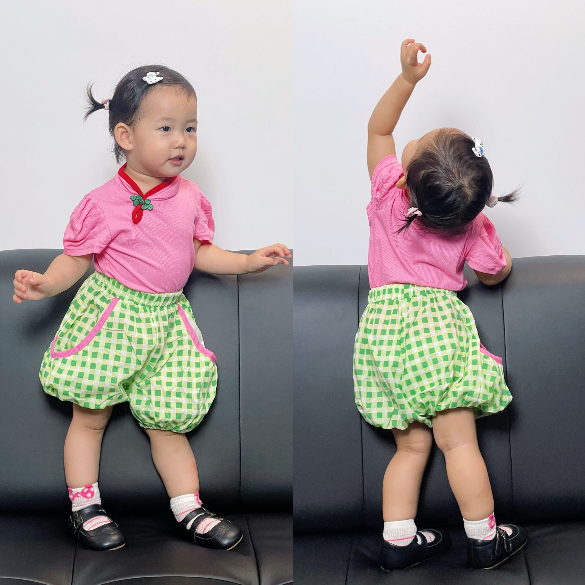 【烁烁家】2025夏季新款女童中国风盘扣粉色短袖花苞格子短裤两件套