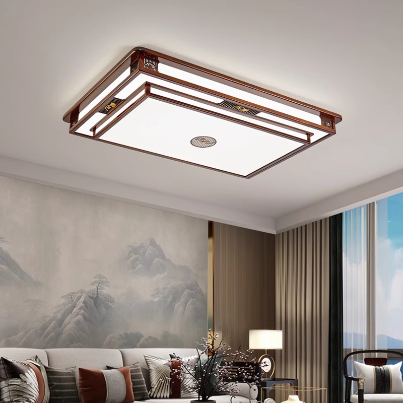 新中式简约客厅大气家用吸顶灯木艺长方形led卧室木质禅意6767