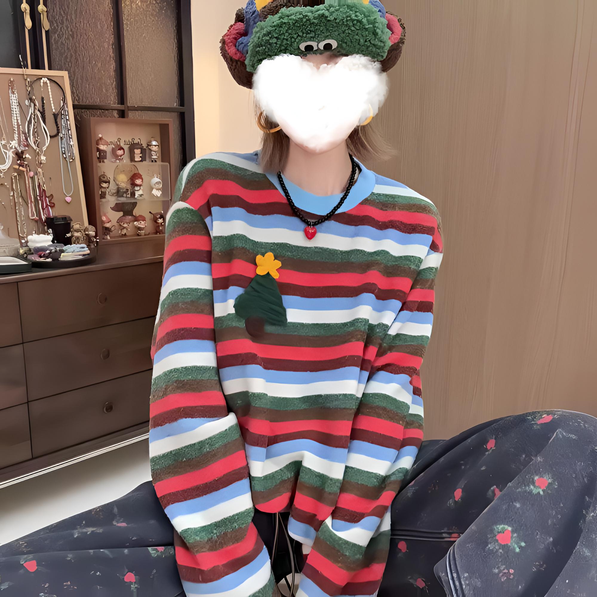 2025新款漂白长袖撞色条纹宽松型T恤宽松条纹秋冬时尚显瘦6038