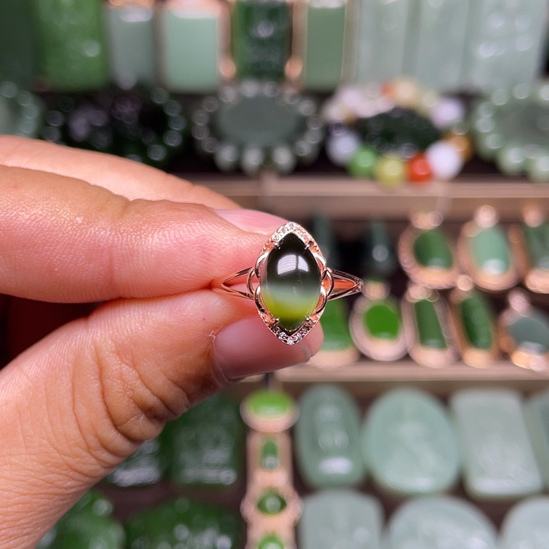 和田玉戒指银S925镶嵌碧玉绿猫眼