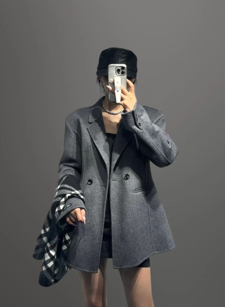 女士西装秋冬厚款纯色双面毛呢外套休闲时尚韩版西装呢大衣