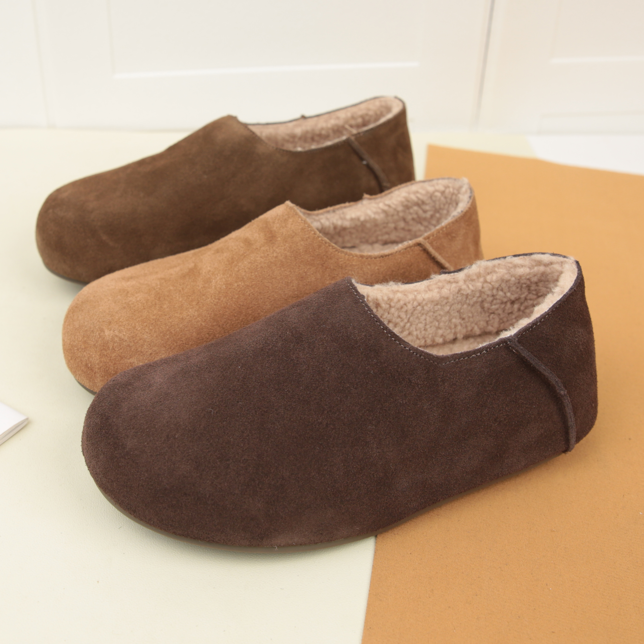 4089冬季新款圆头真皮平底勃肯鞋女加绒保暖一脚蹬百搭软底瓢鞋