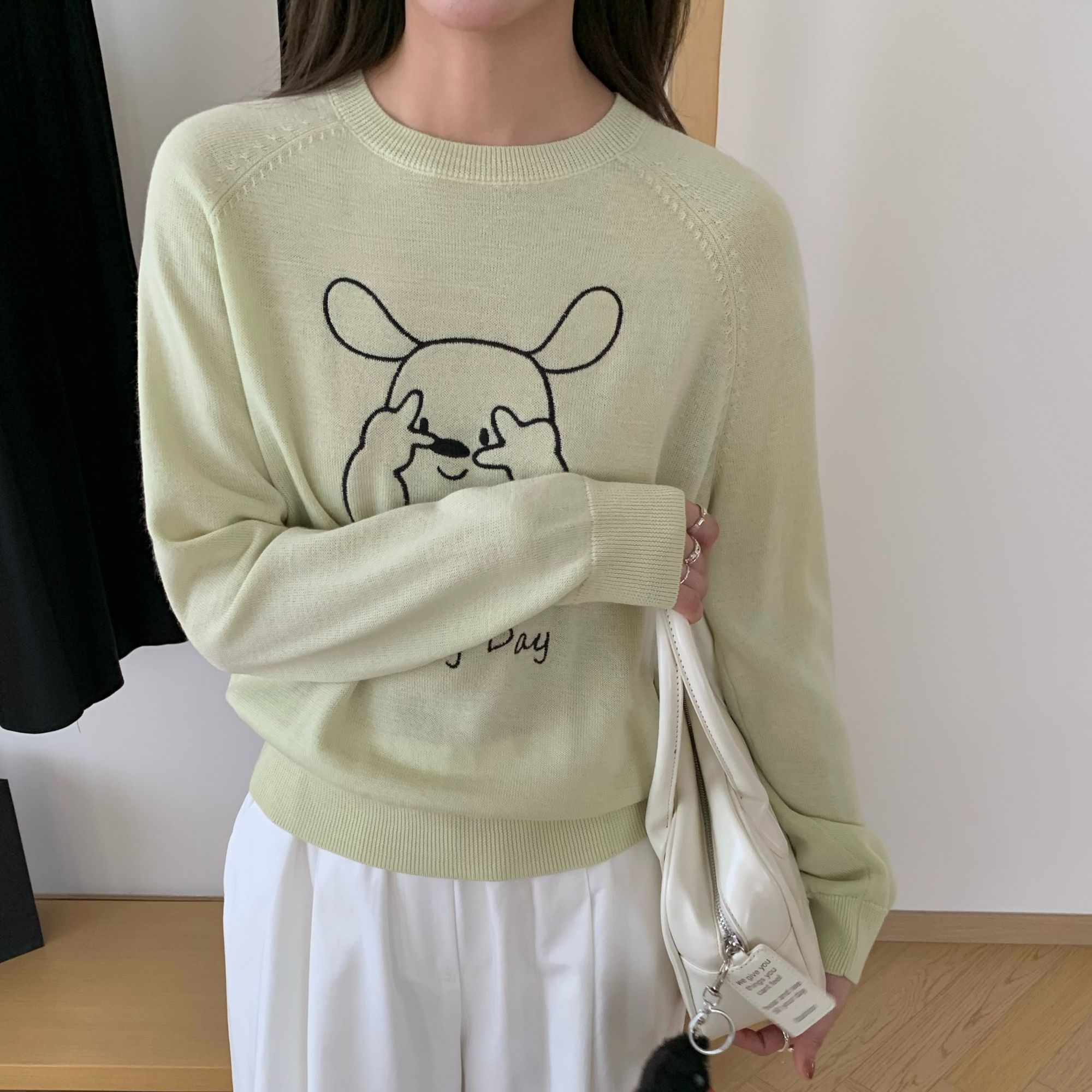 新款慵懒风小狗提花圆领套头针织衫Z6380 