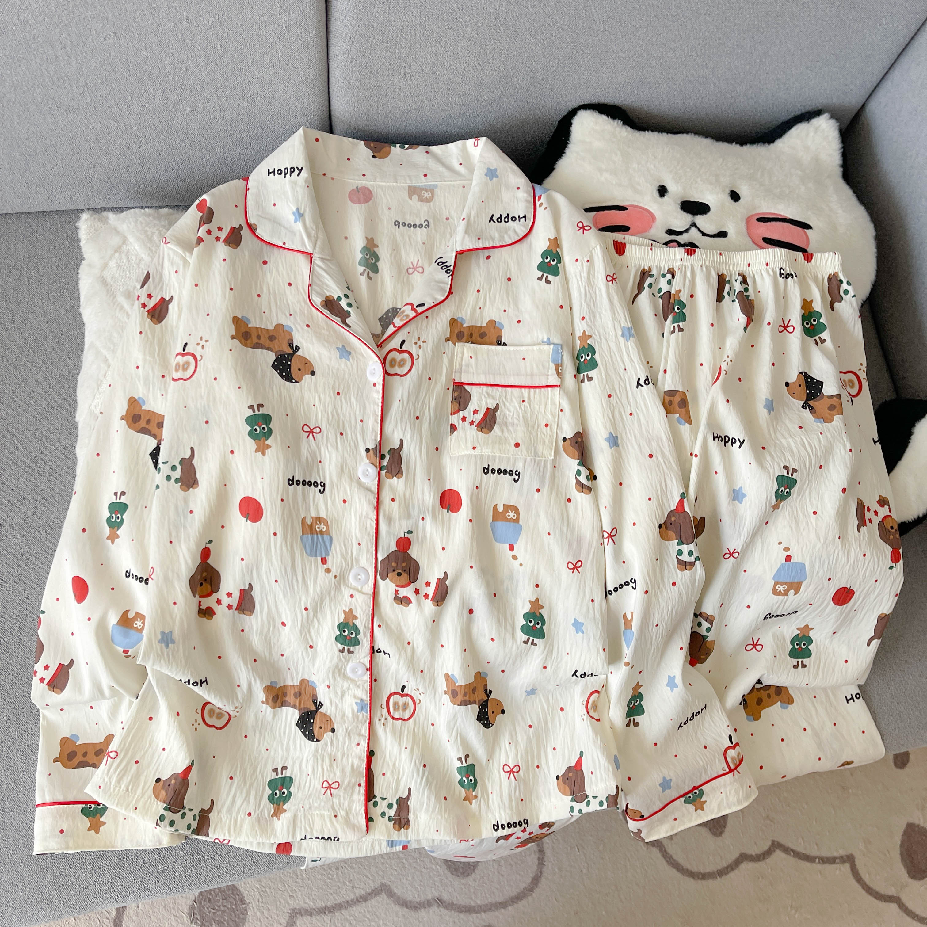 圣诞小狗长袖云朵棉开衫睡衣女秋卡通甜美家居服套装