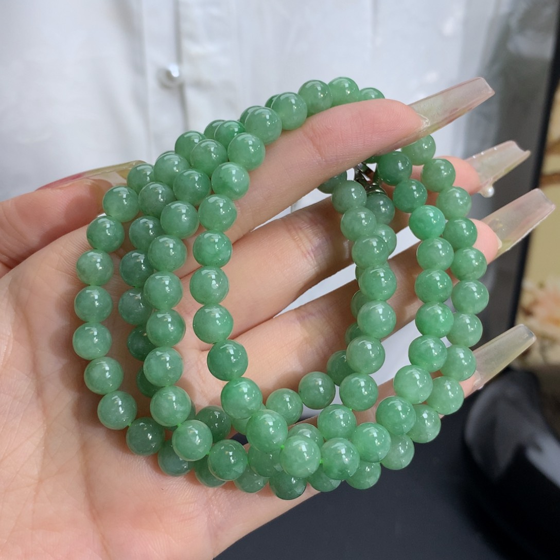 翡翠手链未镶嵌卡7.0冰润满草绿项链