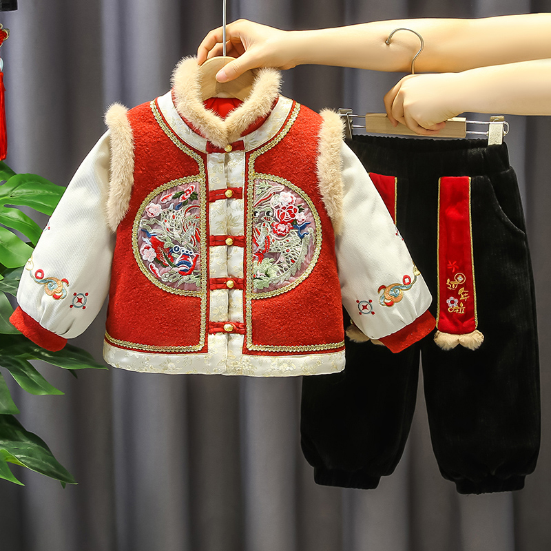 男童拜年服冬装儿童汉服加厚中国风套装周岁礼服唐装宝宝过年衣服