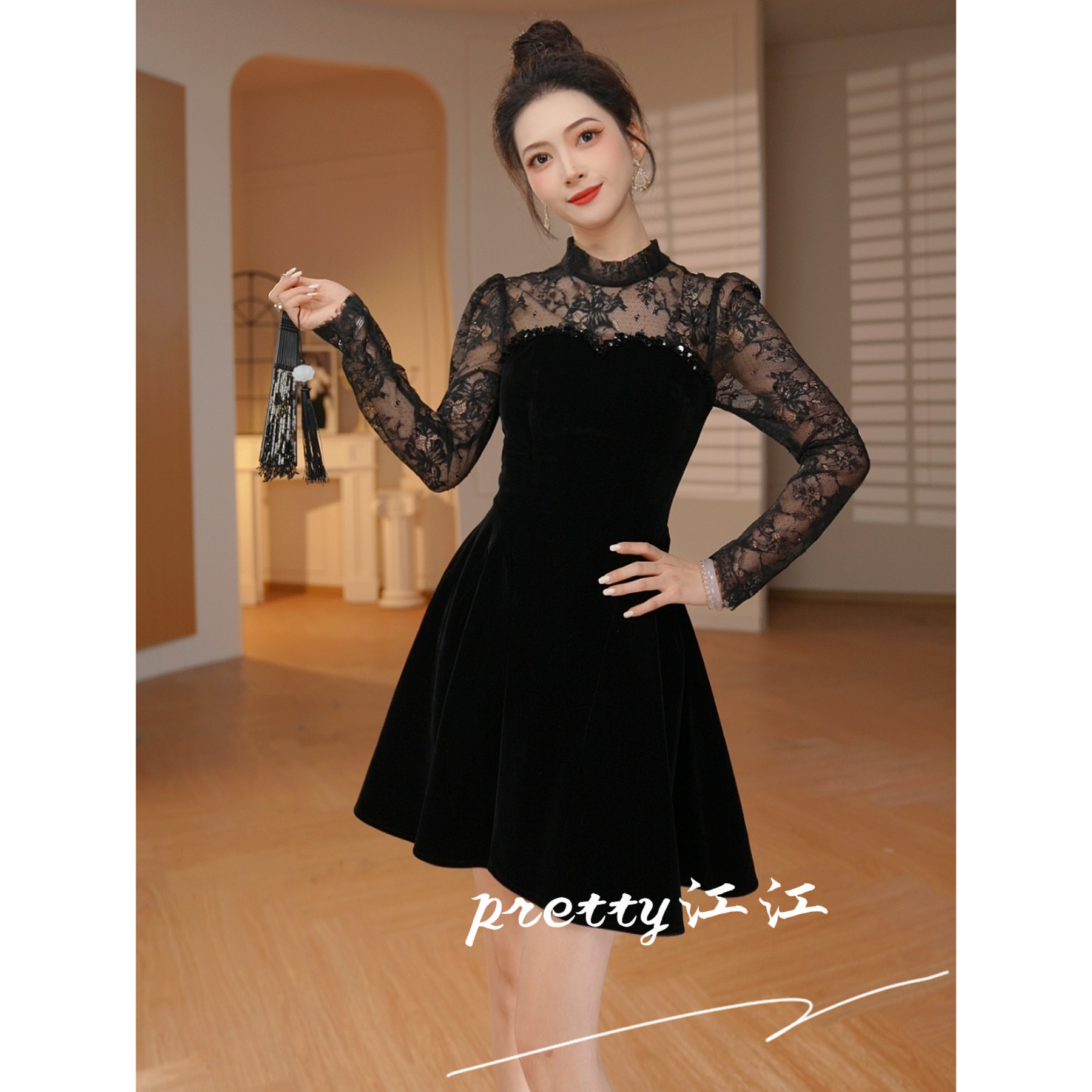 Pretty小众设计师品牌江江定制 优雅蕾丝拼接轻熟风连衣裙21859