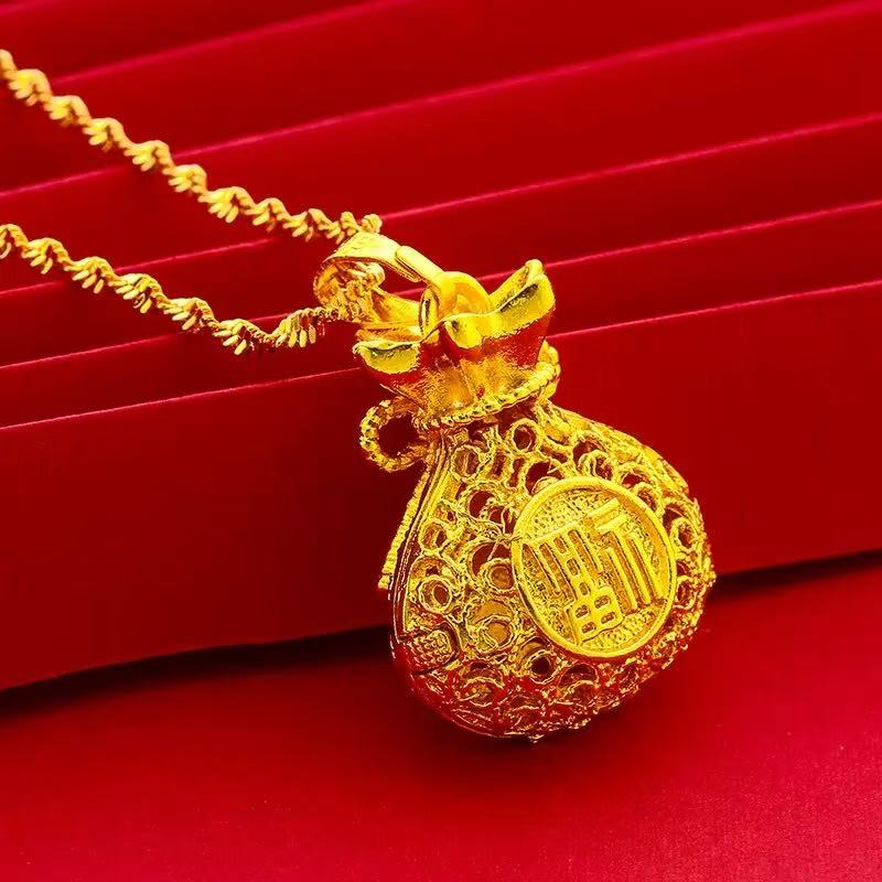 18K镀层古法镂空福字镂空福袋吊坠（赠链）