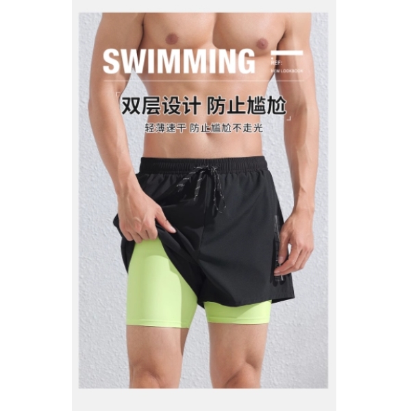 23012男士泳裤新款防尴尬双层速干专业健身休闲泳裤
