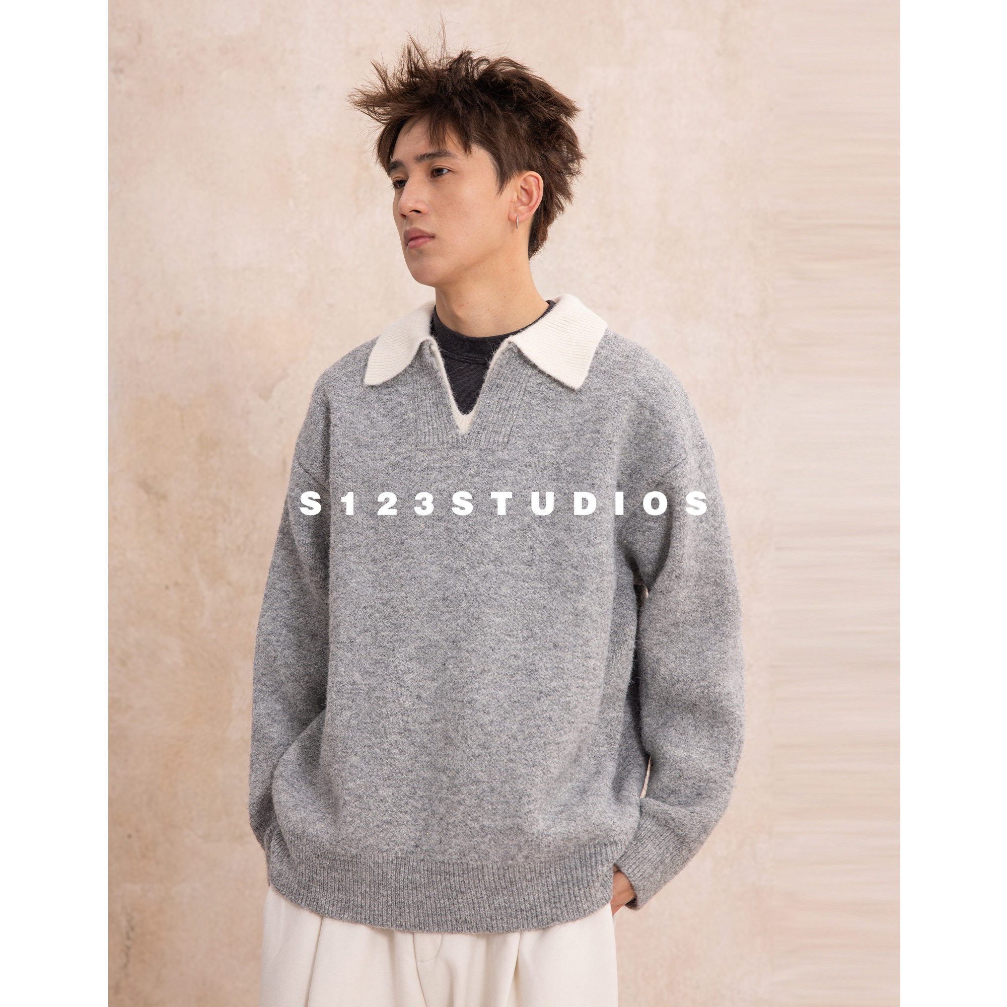 S123【7针9支长毛羊驼】羊毛毛衣情侣冬季拼接撞色V领假两件针织衫