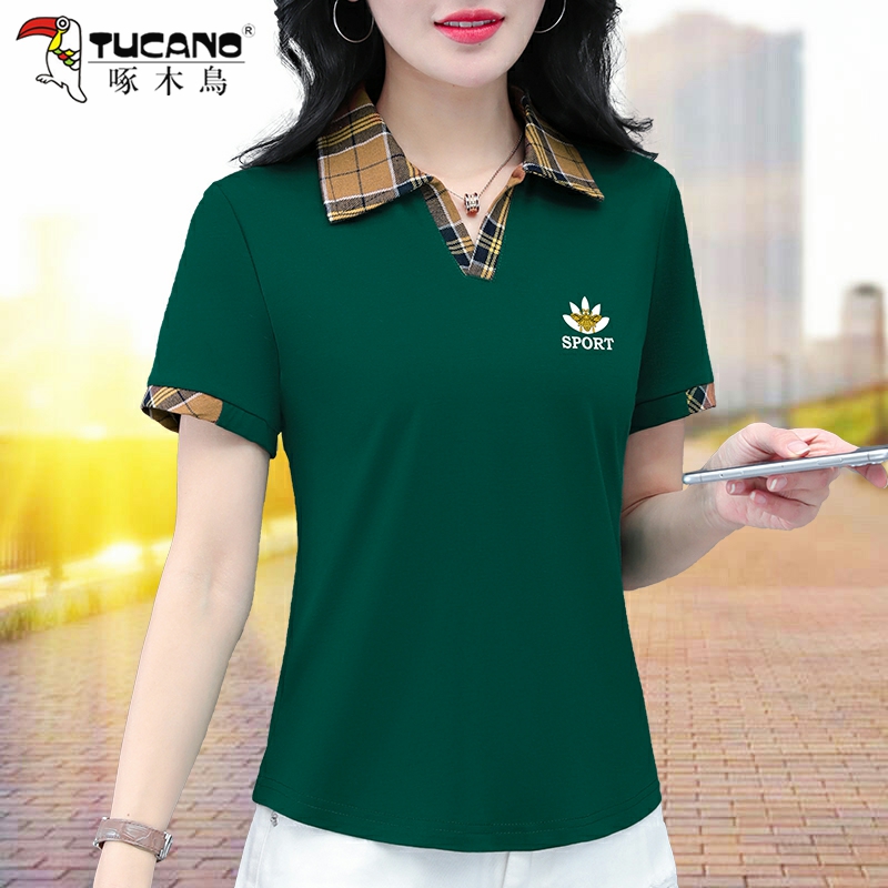 啄木鸟短袖t恤女夏装新款中年妈妈装polo衫宽松时尚休闲翻领上衣