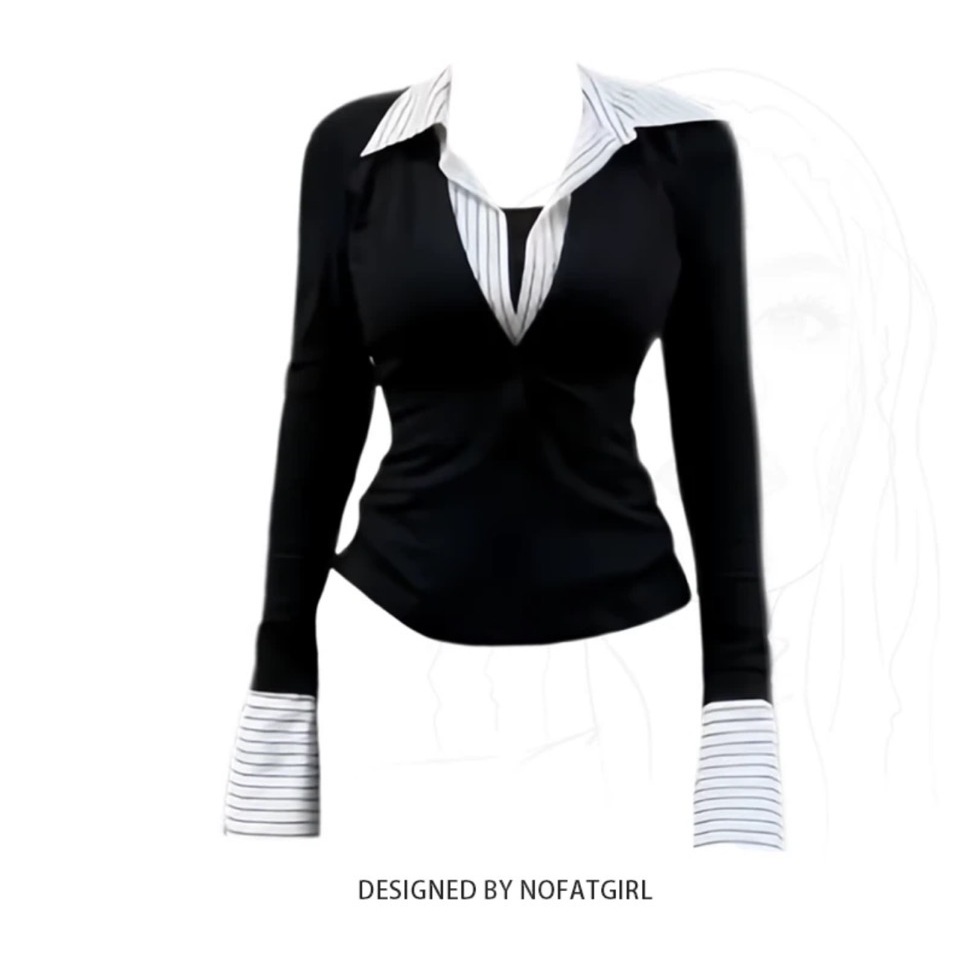 【胖瑶儿推荐】大码韩系假两件长袖T恤女春秋2025新款9012