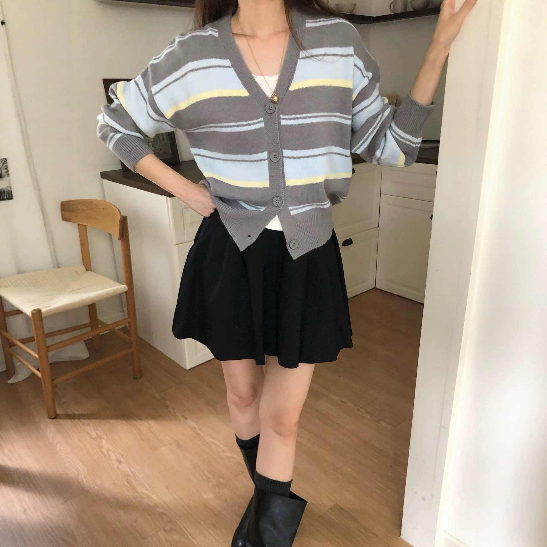 【ANYONE】NO退换 韩国东大门正品秋季新款条纹V领针织开衫