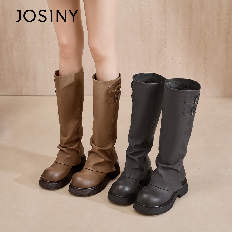 卓诗尼西部骑士靴女2025新款秋冬粗跟长靴显瘦堆堆靴复古长筒靴