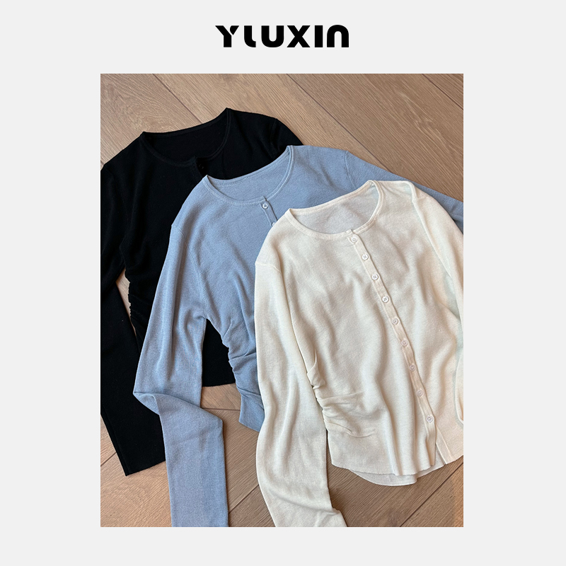 【YUUXIN】小蛮腰~含羊毛 春季侧边抽褶设计圆领长袖针织开衫上衣25