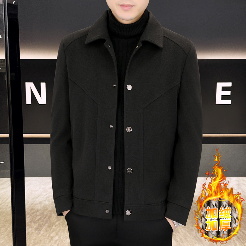 新款纯色秋冬男士显瘦外套男装韩版加厚加绒翻领短款夹克休闲帅气