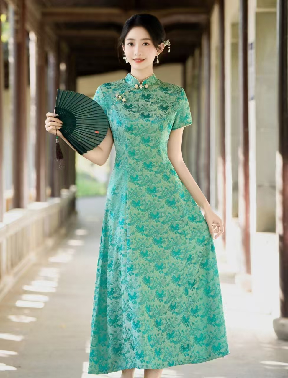 韶华绿 日常气质文艺国风复古优雅奥黛改良旗袍