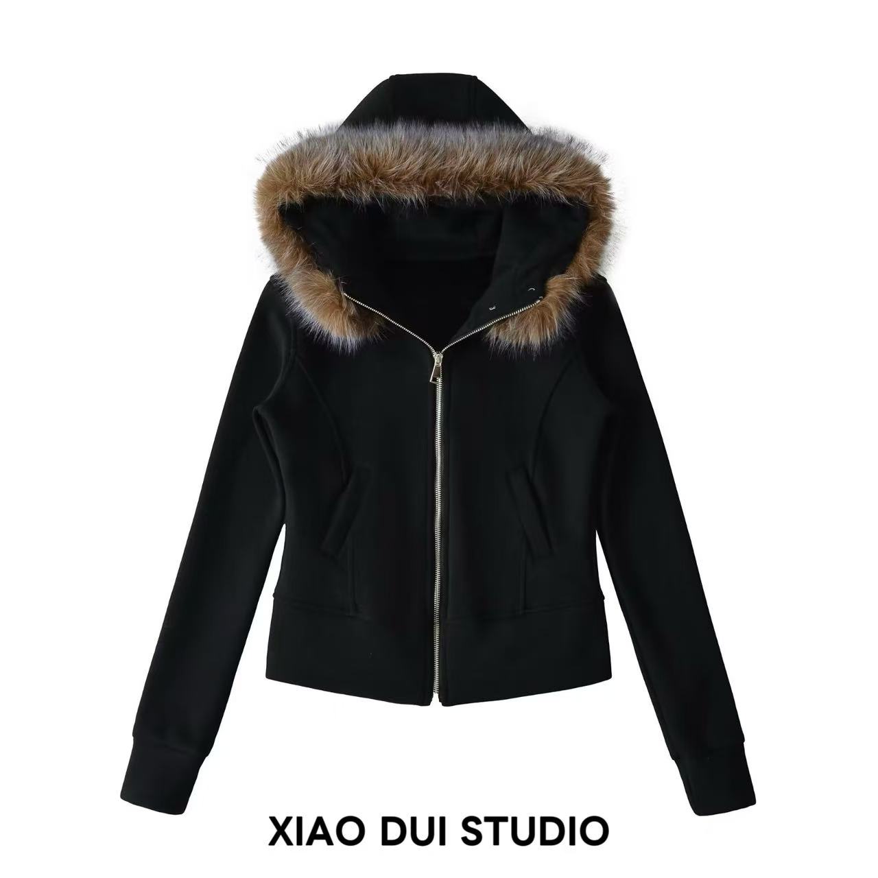 【XIAO DUI】冬季新款—欧美风短款气质百搭显瘦毛领加绒连帽外套