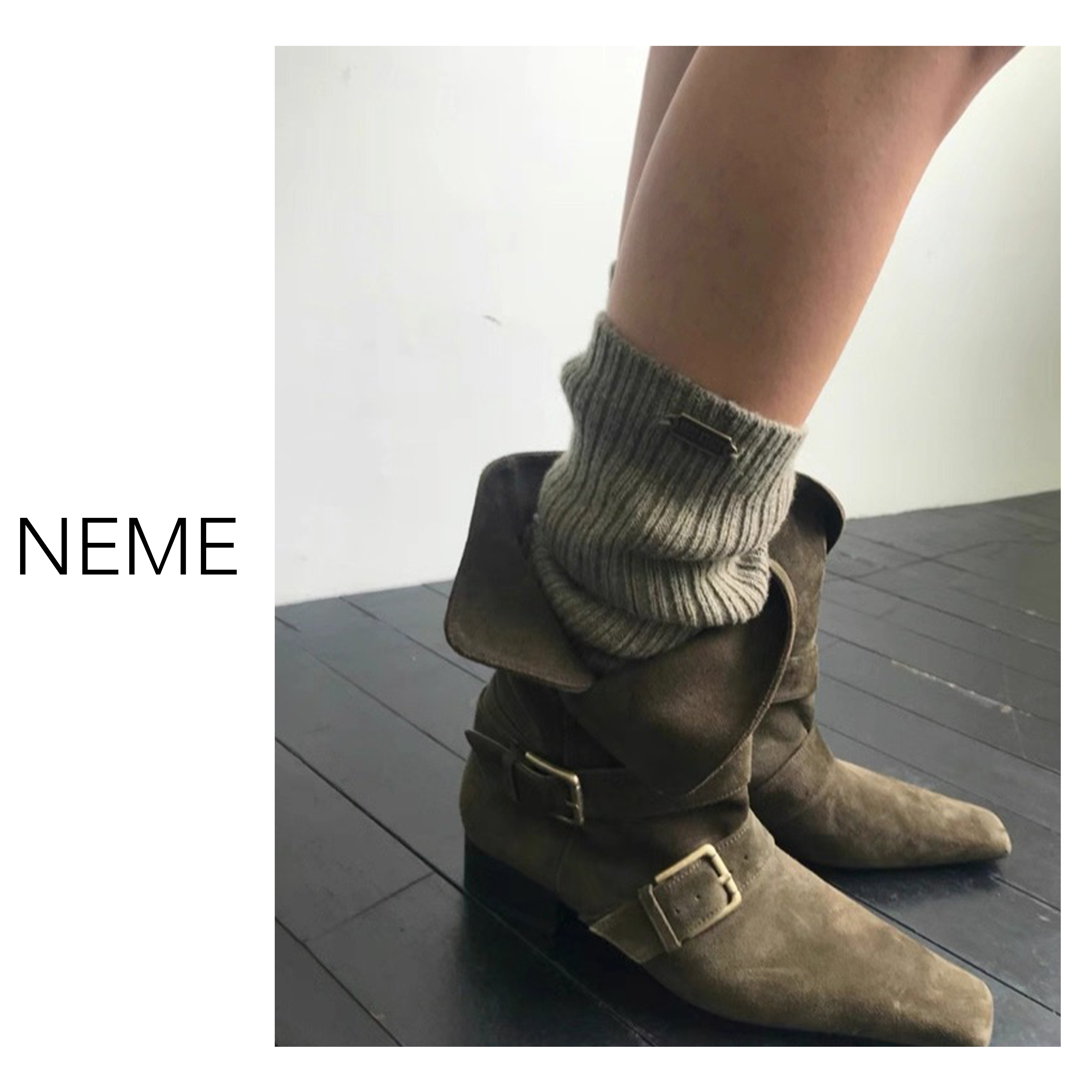 NEME 2025 绒面复古小方头两穿翻折粗跟皮带扣中筒靴短靴