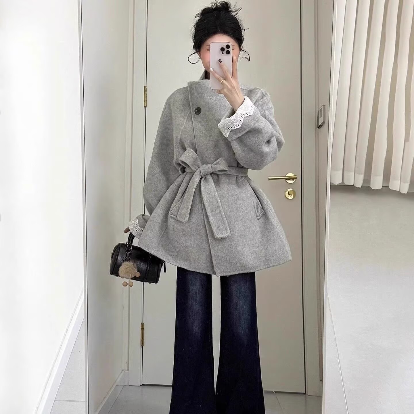 秋冬新款立领宽松加棉加厚毛呢外套小个子收腰减龄设计感呢子大衣