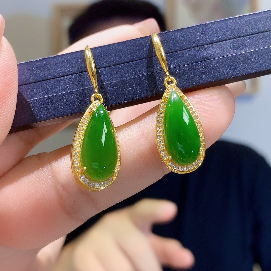 和田玉（碧玉）银S925镀金镶嵌耳饰