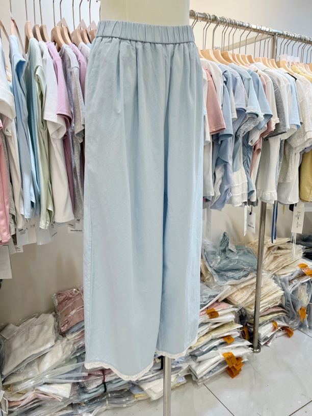 九分洗水棉阔腿裤女夏季新款松紧腰蕾丝拼接宽松显瘦休闲裤子