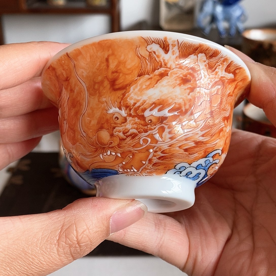 手工手绘矾红龙杯杯杯